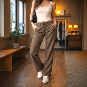 Fox Brown Check Pants Size 5 – Y2K Plaid Trousers w/ Button Detail